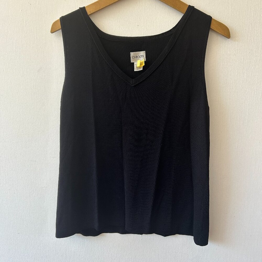 Chicos Slinky Knit Black Tank Top Women Large Black Vneck Minimalist CBK Y2K 90s